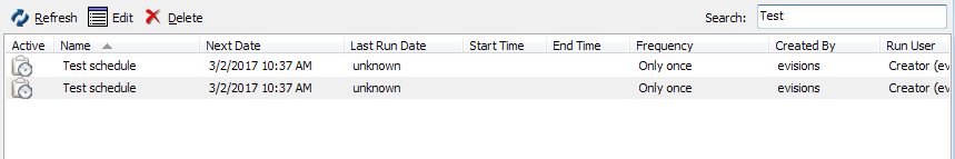 Searching for the string "Test" brings up two schedules called "Test schedule".